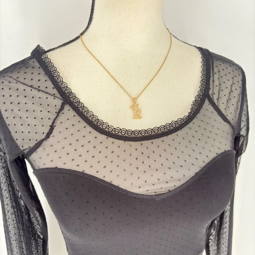 Abercrombie &‎ Fitch Bodysuit XS Black Long Sleeve Mesh Polka Dot Lace  Trim